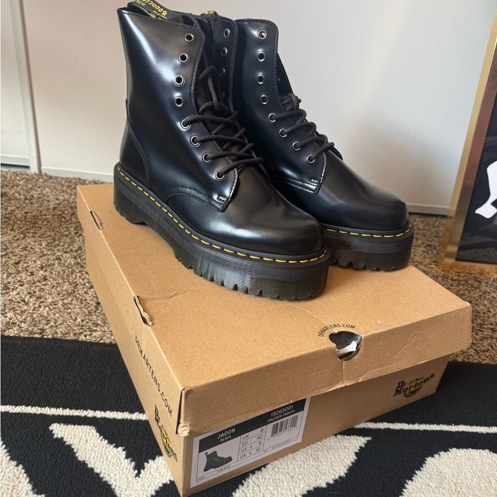 Dr. Martens Black Platform Lace-Up Combat Boots with Yellow Stitching
